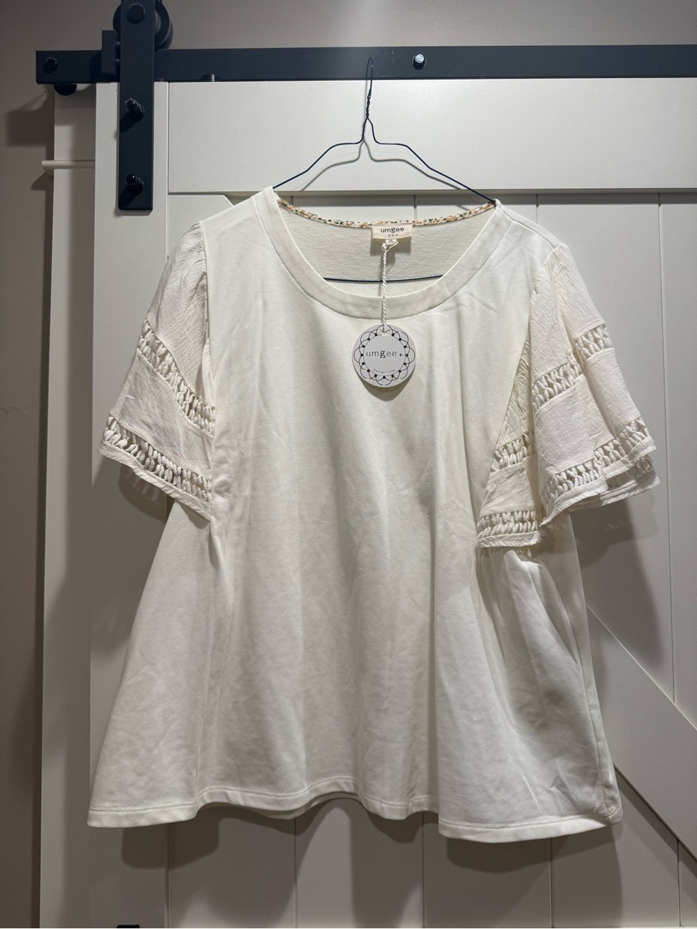 Umgee Cream Short Sleeve Crochet Panel Blouse